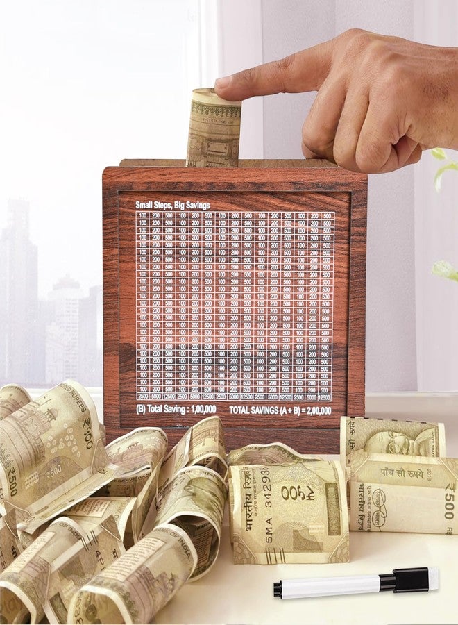 True Flair Wooden Money/Piggy Bank, Money Box, Coin Box with Printed Design for Kids/Children | Savings Challenge Box, Cashbox,Cash Vault Wooden Savings Box,Coin (2,00,000) - Image 1
